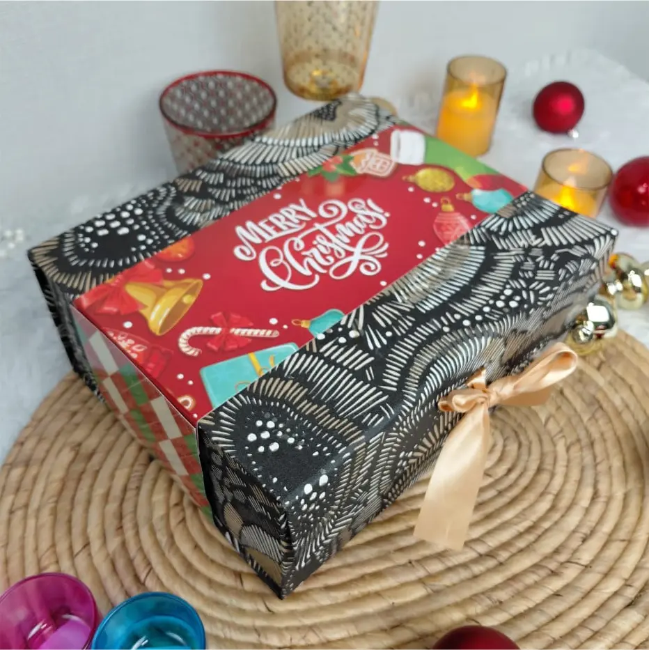 Gift Box |Rigid  foldabel box | Gift Hamper Boxes For Packaging, Satin Ribbon Hamper Boxes | Gift Cardboard Box Empty Gift Hamper Box Reusable Gift Boxes | Foldabel Box | SIZE 10x8x4 inches /7026Christmas