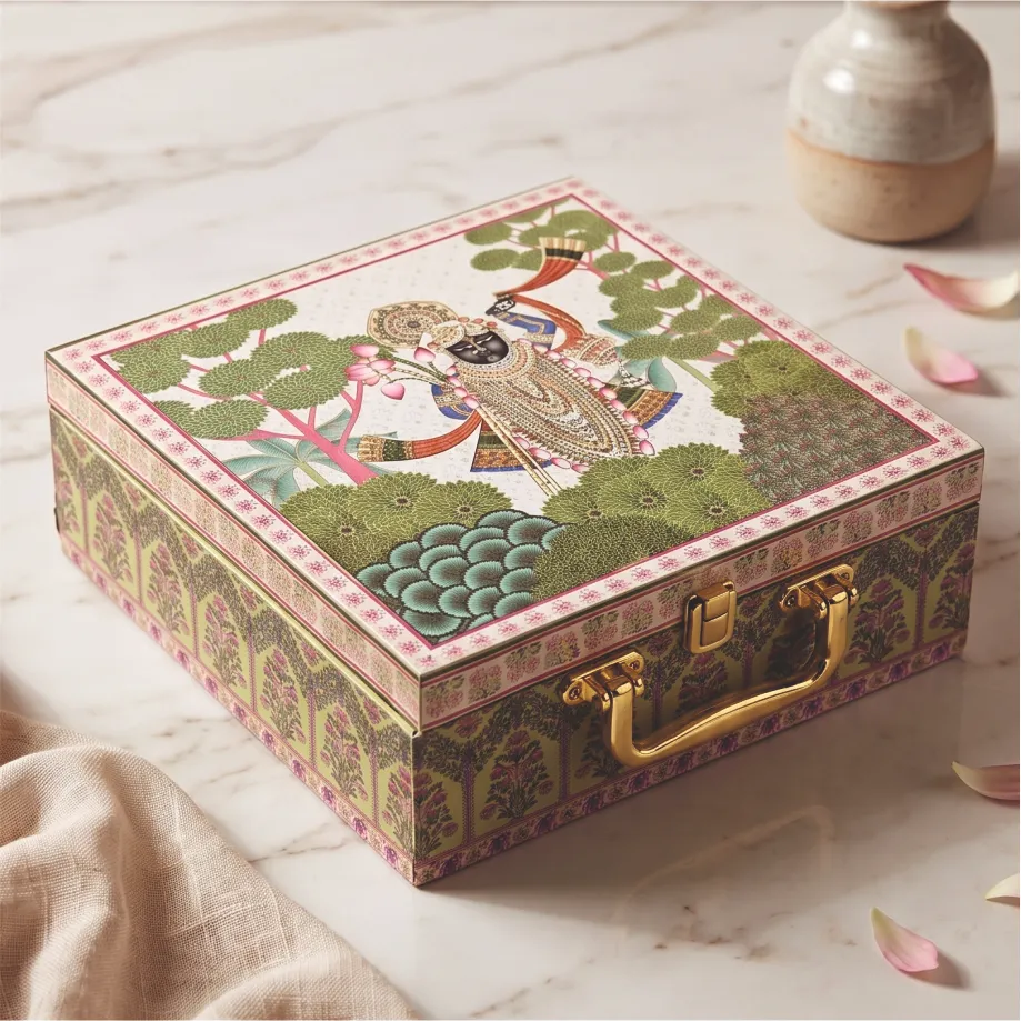 Shreenathji print Mdf Box With 4 salsa jars (9.5x9.5x3.5 Inches) 4JAR10024