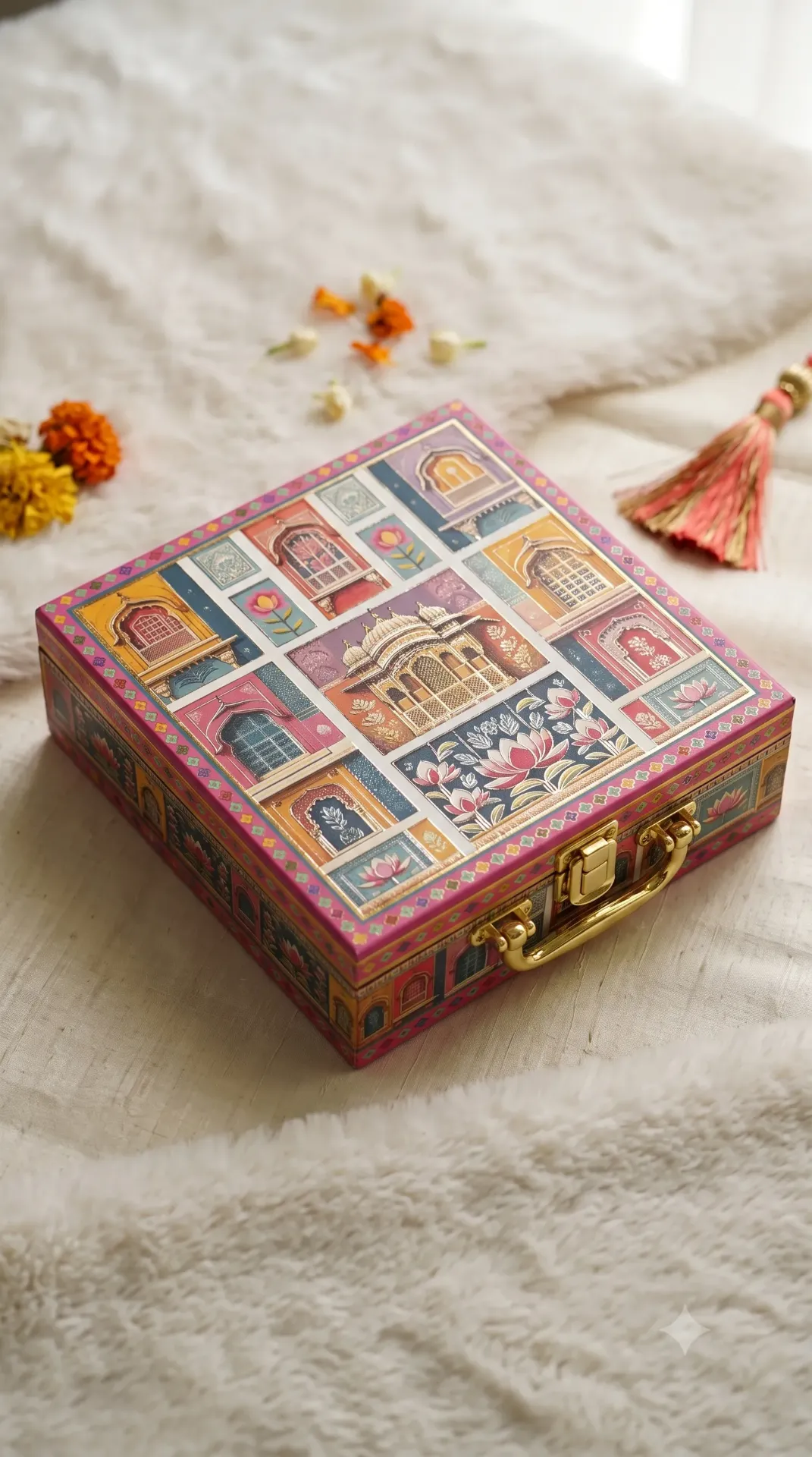 Pastel Colour print Mdf Box With 4 salsa jars (9.5x9.5x3.5 Inches) 4JAR10023
