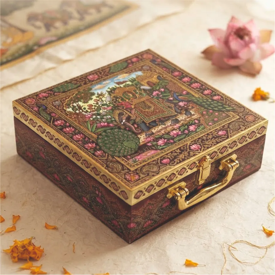 Rajwadi print Mdf Box With 4 salsa jars (9.5x9.5x3.5 Inches) 4JAR10030
